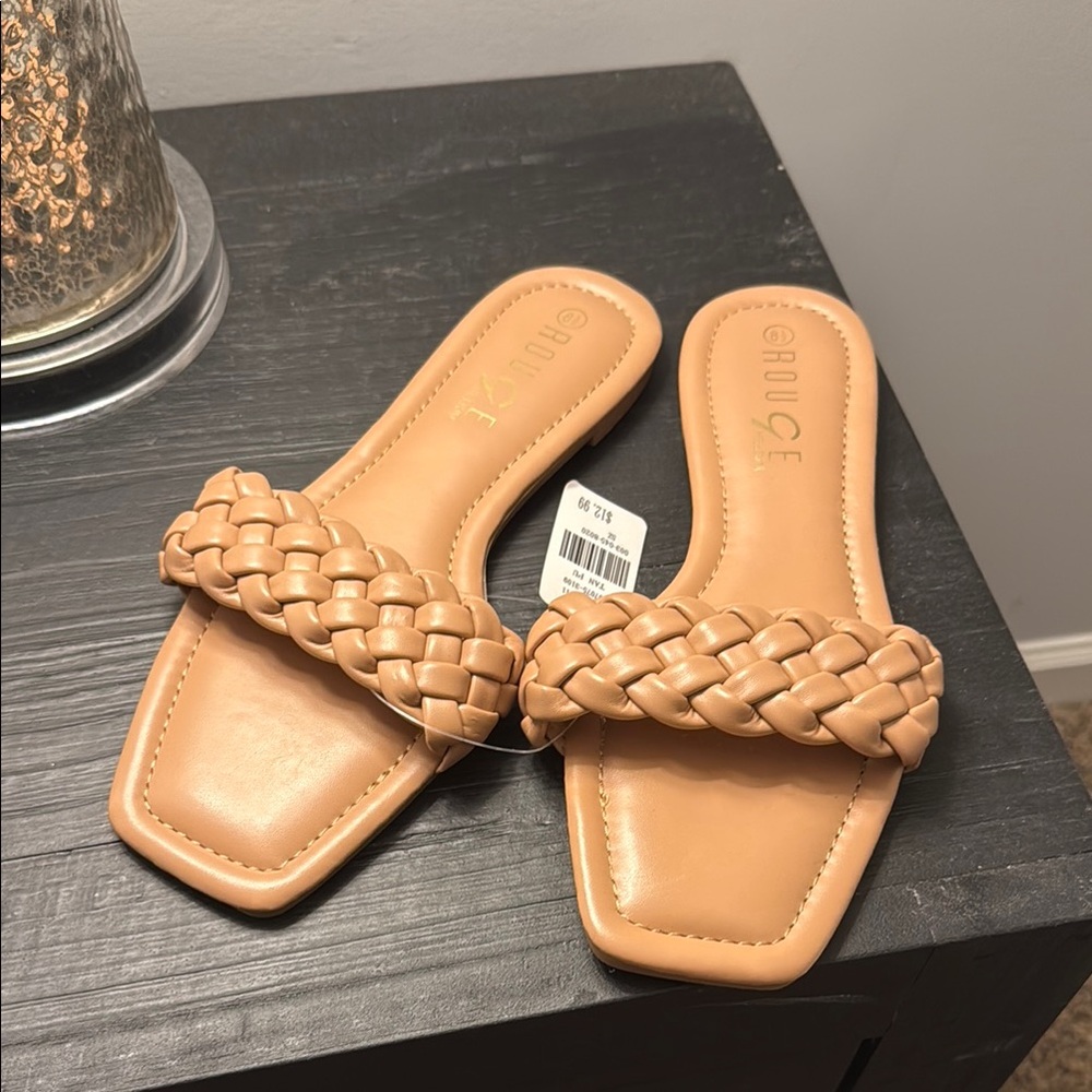 Rouge Helium Tan Braided Sandals Modern Square Toe